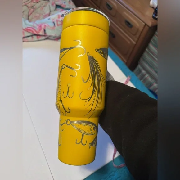 Yellow Fishing Lures 40oz Tumbler w/ Handle | Engraved Stainless Steel Insulated - Picture 5 of 5